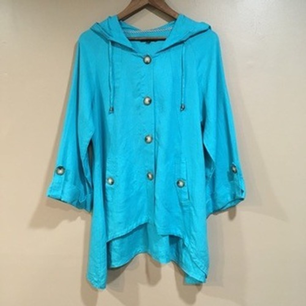For Cynthia 100% Linen Jacket Womens L Turquoise Blue Coastal Oversize Lagenlook